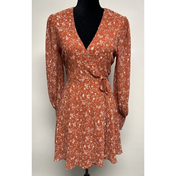 LULUS Wrap Mini Dress Rust Orange Small Floral Long Sleeve V-neck Cottage Boho - Picture 1 of 9